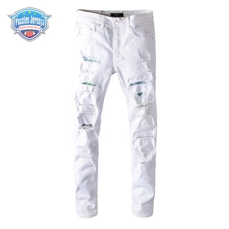 Amiri Rhinestone Rip Jeans White